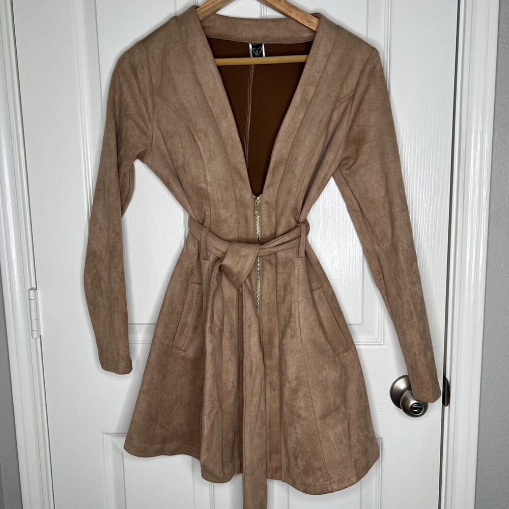 Windsor Faux Suede Jacket Dress Small Tan Long Sleeve Zip Front Belted Boho 70's